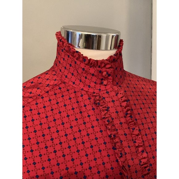 Vintage :: Red Polka Dot Secretary Blouse Size M Puffy Sleeve High Neck Ruffles - Picture 4 of 11